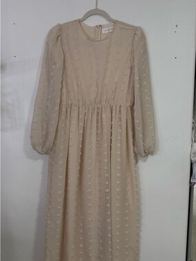 Cream Midi Dress with Swiss Dot Texture